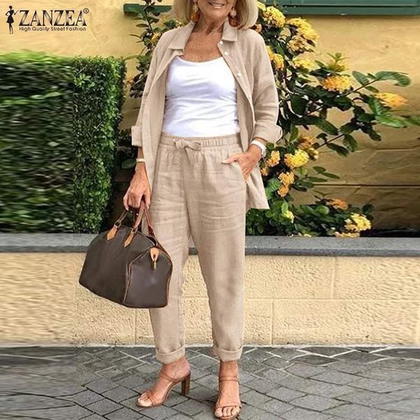 

women s two piece pants 2023 zanzea autumn women 2pcs suit full sleeve turn down collar solid button blouse female bohemian holiday loose po, White