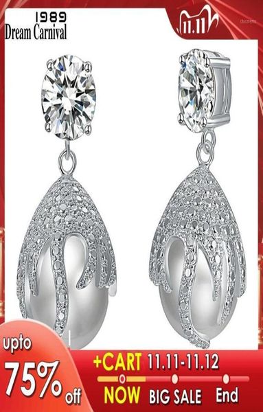 

dreamcarnival1989 deluxe drop earings for women boucle d039oreille femme rhodium color elegant dangle pearl wedding jewelry we48101485, Silver