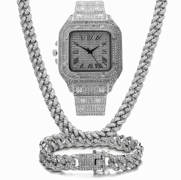 

chain chains iced bling out miami cuban link rhinestone watch necklaces bracelet women men jewelry set hip hop choker3205517, Silver