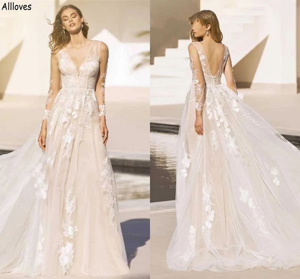 

sheer straps a line wedding dresses romantic tulle floral lace appliqued bohemian country bridal gowns v neck backless bride reception party, White
