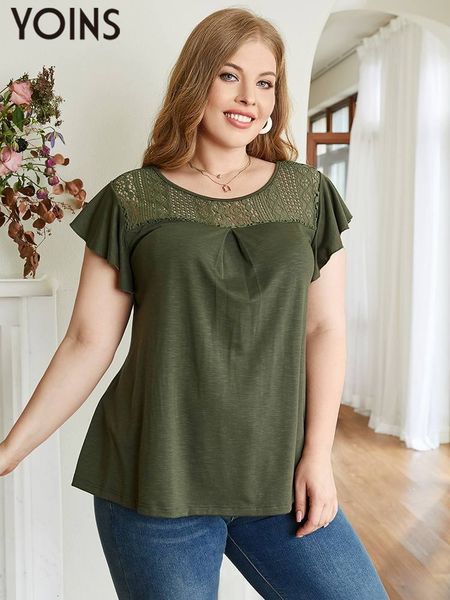

women's plus size t-shirt yoins women plus size t-shirts summer short sleeve casual solid tees vintage tunic loose ruffled party tshir, Black