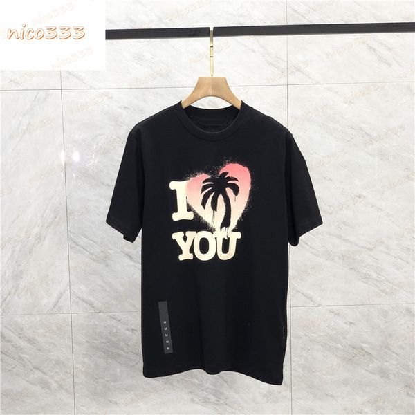 

23ss new t shirt love coconut tree letter print pattern cotton round neck loose and versatile mens swomen large size short sleeve, White;black