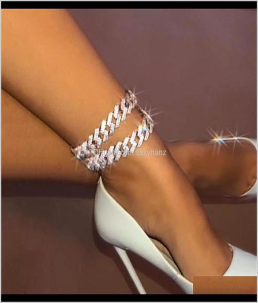 

hip hop iced out cuban link anklet bracelet for women gold sier color rhinestone anklets jewelry beach barefoot chain aacxt km3xu5556956, Red;blue
