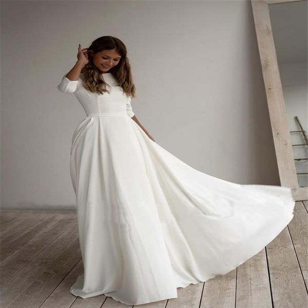 

simple wedding dress long sleeves a line crepe boat neck elegant bridal dresses with pockets plus size robe de mariee285j, White