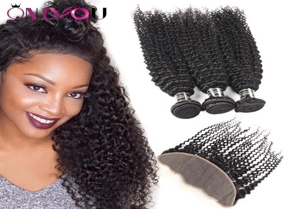 

brazilian kinky curly weave bundles with lace frontal closure mink brazilian virgin hair weaves 3 kinky curls with ear to ear lace7009991, Black;brown