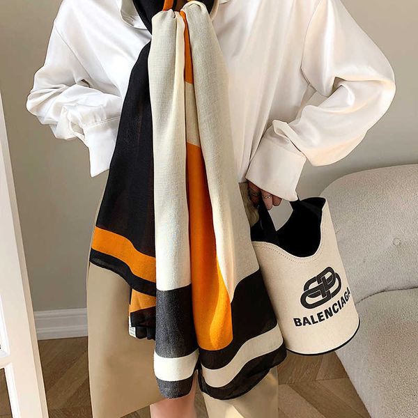 

new gauze for tourism and holiday women's korean version big h letter foreign style cotton hemp hand scarf shawl sunscreen silk scarf, Blue;gray