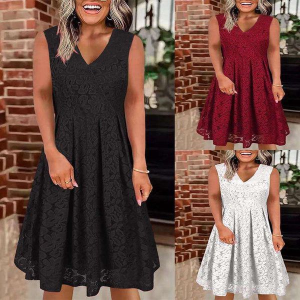 

summer sleeveless v neck lace dress, Black;gray