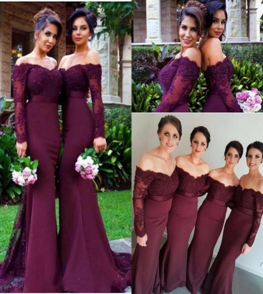 

junior burgundy grape mermaid bridesmaid dresses off shoulder long sleeves lace appliques beaded sheer plus size maid of honor par7773644, Blue;red
