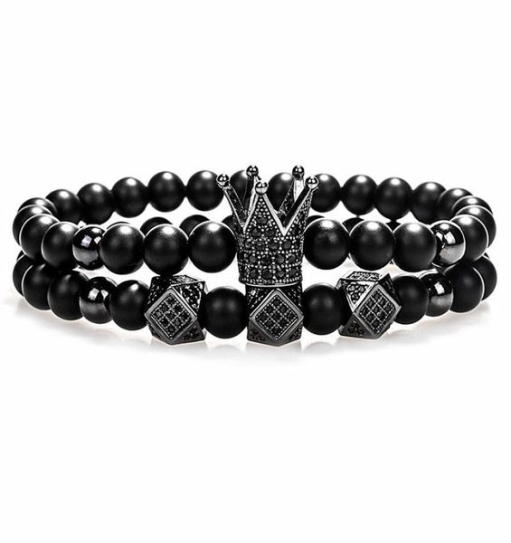 

crown charm bracelet 6mm black round natural stone beads cubic micro pave cz women gold bracelet men pulseira bileklik4952609, White