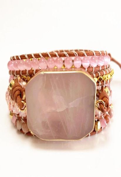 

st0101 new design women bracelets natural rose quartz wrap leather bracelet fancy handmade femme boho bracelets6785810, Black