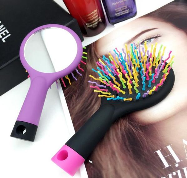 

fashion portable comb brush with make up mirror rainbow color hair comb dry hair brush hair styling tools 5pcslot p0049888061, Silver