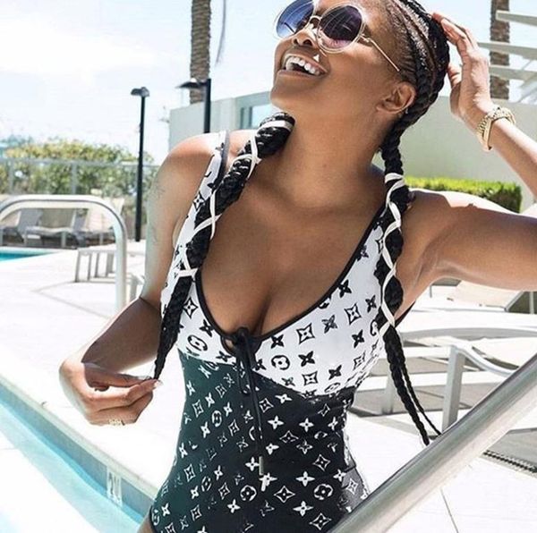 

personality black white patchwork swimwear fashion letter printed women swimsuit classic onepiece high waist girl bikini1398757