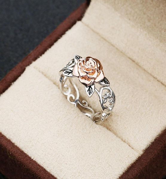 

selling solid 14k rosegold flower jewelry 925 sterling silver floral ring womens two tone romantic rose wedding engagement rin8284091