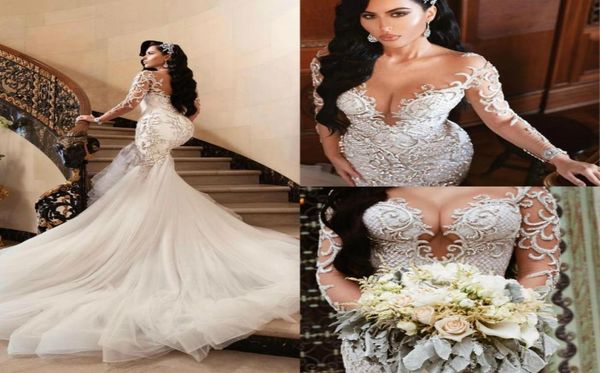 

luxurious 2019 arabic wedding dresses mermaid beading embroidery bridal dresses sheer neck long sleeves wedding gowns vestido1673168, White