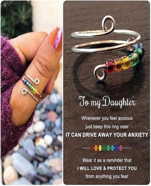 

new in rainbow beaded decompression ring open cuff adjustable rotating antistress anxiety colorful beads finger jewelry gifts for4307386, Silver