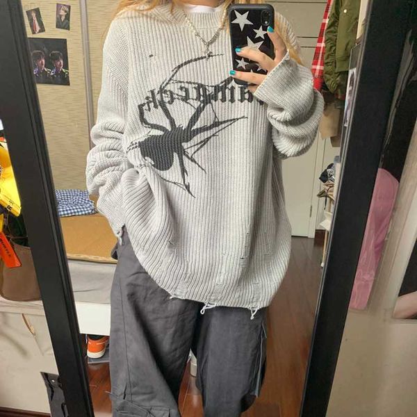 

women's sweaters harajuku thick sweater women's spider print sweater gothic vintage tear grinch y2k jumper street clothing extra l, White;black
