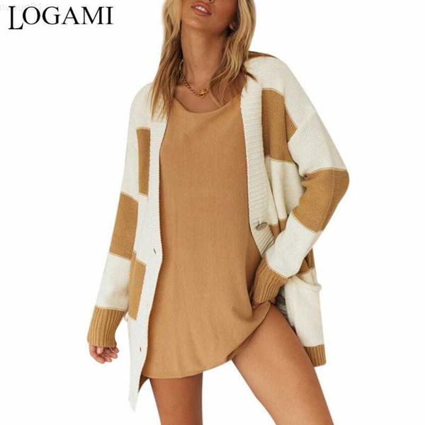 

women's sweaters logami striped colorblock single breasted pocket cardigan women autumn winter sweaters woman loose knitwear l230718, White;black