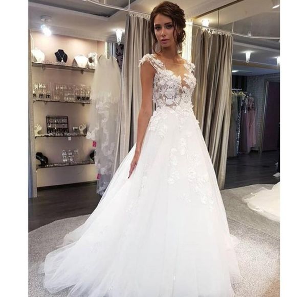 

scoop wedding dresses white lace applique a line sleeveless illusion sweep train bridal gown dress with back buttons1862832