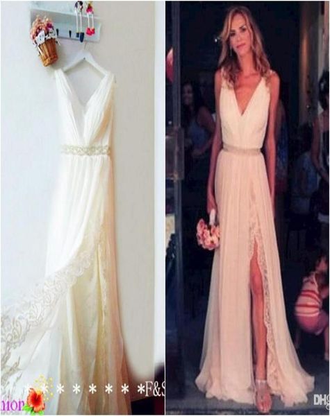 

new beach boho wedding dresses 2019 split side chiffon bohemian lace v neck ruffles sashes beads bridal gowns custom made9198187, White
