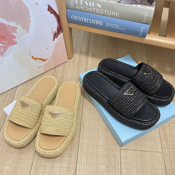 

designer slides slippers triangle buckle crochet raffia straw fashion women thick bottom sandals flat mules pool ladies platform square toe, Black