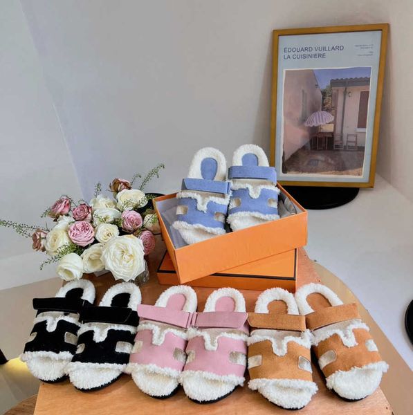 

fur slippers chypre slippers brand h wool slipper designer sandals fashion women men fluffy furry shoes warm winter flat slides suede sandal, Black