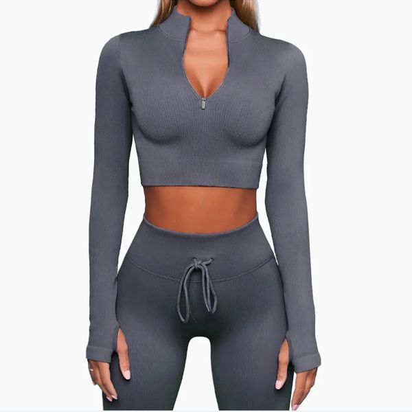

women's fitness running clothing v-neck long sleeve slim yoga suit polyester short sleeve shorts sports suit, Gray