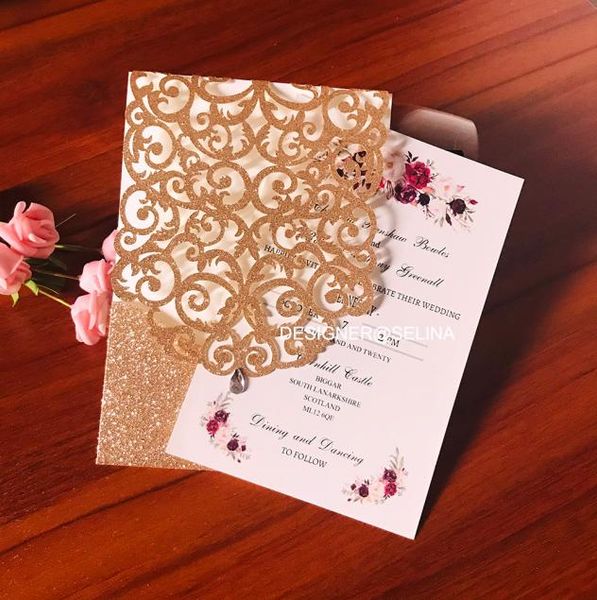 

2020 rose gold glittery laser cut wedding party invitations with diamond shining dinner invites customized printing quinceanera ca9840277, Black