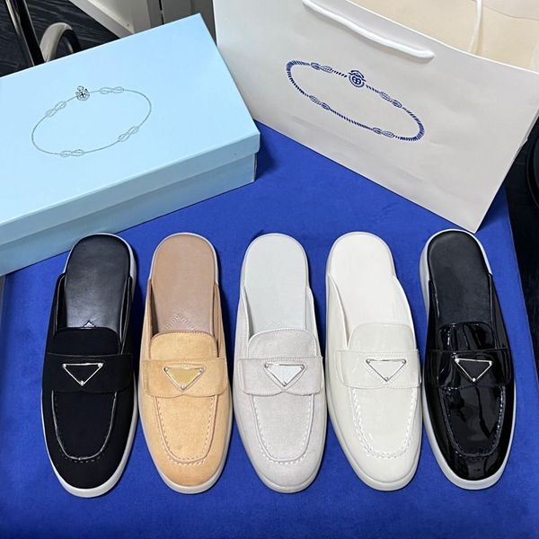 

summer womens scuffs slippers designer triangle women's flat bottom fashion british ladies flat heel slippers muller shoes luxury brand, Black