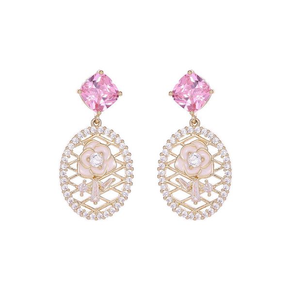 

luxury pink rose oval camellia earrings for women wedding party simple sweet geometry flower stud ear rings female ear jewellry for girls, Golden;silver