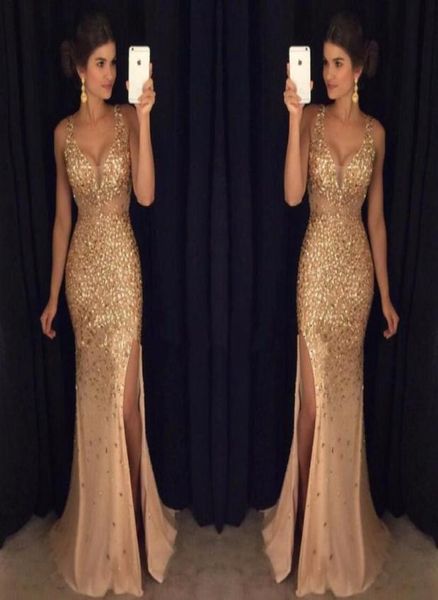 

gold shinny prom dresses 2017 v neck cap sleeves beaded sequins crystal right side slit prom dresses formal party dresses4468128, Black
