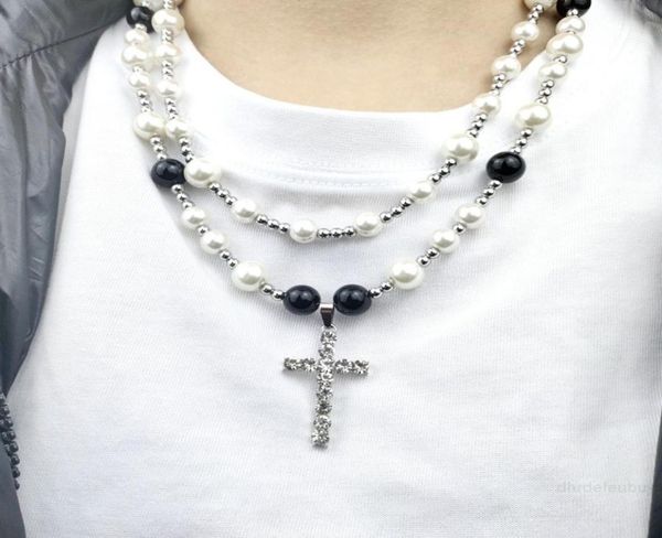 

beaded necklaces fashion accessories hip hop stainless steel diamond cross trendy men geometric contrast imitation pearl chains 203878033, Silver