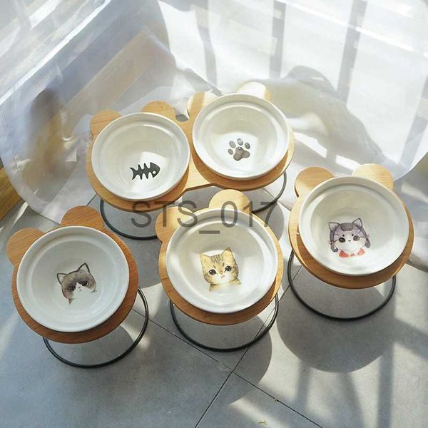 Dog Bowls Feeders Other Pet Supplies Hot Sale High-end Bowl Bamboo Shelf Ceramic Cat Feeding and Drinking for Dogs Cats Feeder Accessories x0715