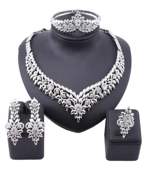 

african crystal jewelry set fashion indian jewelry sets bridal wedding party elegant women necklace bracelet earrings ring8160242, Slivery;golden