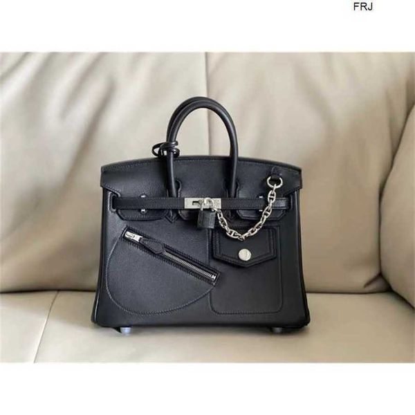 

birkins cargo handbags h ermes patchwork canvas leather handsewn genuine leather new black silver buckle have logo frj