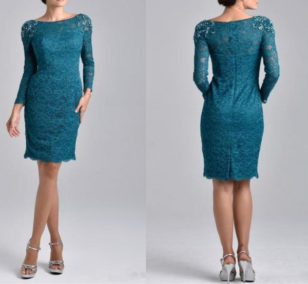 

teal blue lace mother of the bride dresses knee length long sleeves beaded groom evening dress arabic short prom party gowns7208601, Black;red