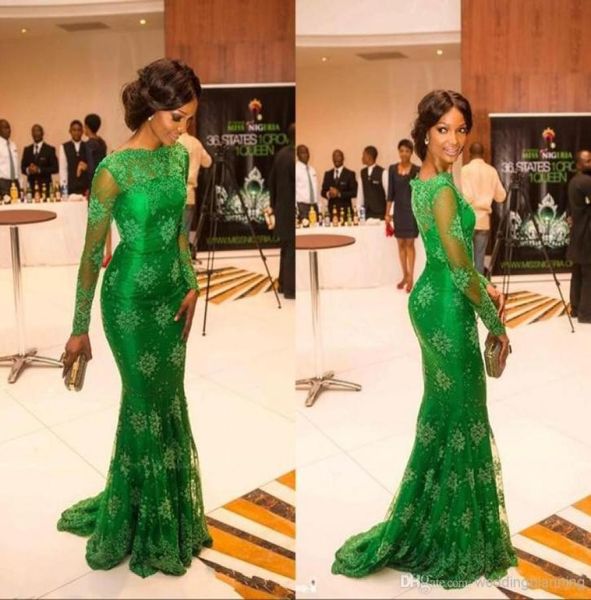 

luxury red carpet miss nigeria gorgeous green lace celebrity prom dresses sheer scoop long sleeves trumpet mermaid evening fo3592114, Black
