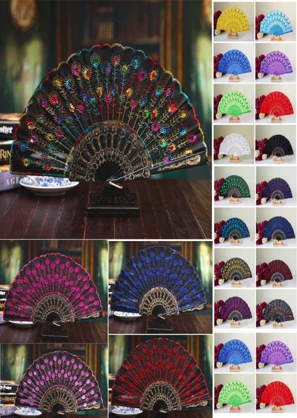 

handmade peacock embroidery fabric folding fan silk grade bridal fans bridesmaid fans hollow plastic handle wedding accessorie2516106, White