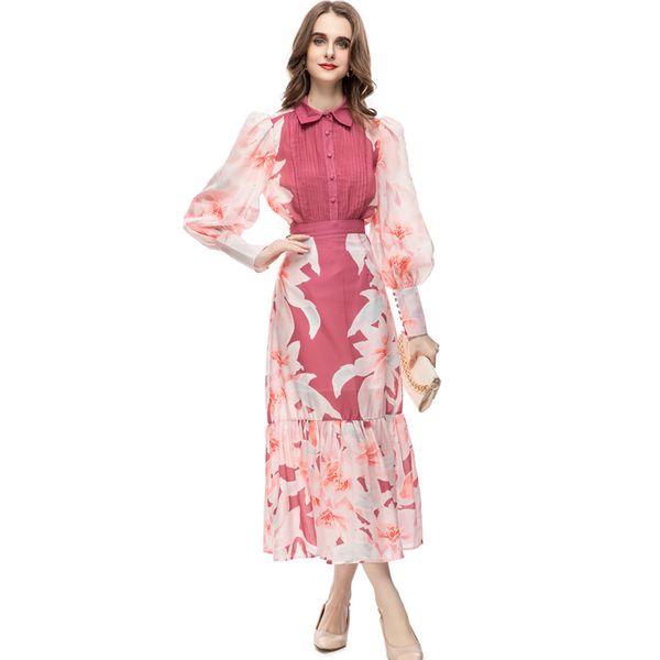 

women's runway designer two piece dress turn down collar long lantern sleeves shirt with floral ruffles skirt fashion twinset sets, White