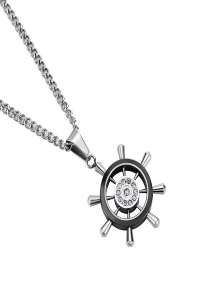 

fashion mens silver color designer rudder pendant necklace hip hop jewelry stainless steel chain rhinestone design punk necklaces 3343428