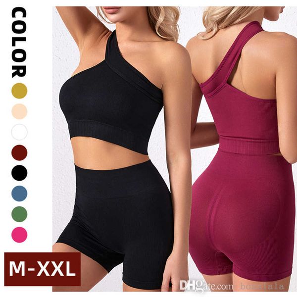 

womens tracksuits bra underwear two piece outfits rib sports fitness one shoulder beauty vest comfortable casual suit, Gray