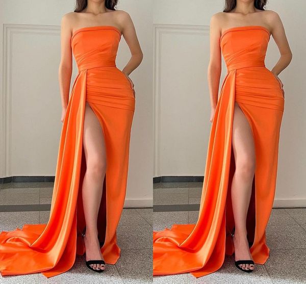

orange plus size mermaid prom dresses long for women strapless pleats high side split birthday pageant celebrity evening party gowns formal, Black