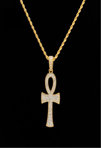 

hiphop egyptian ankh key necklaces goldsilver bling rhinestone crystal crucifix cross pendant necklace for mens hip hop party jew1980516, Silver