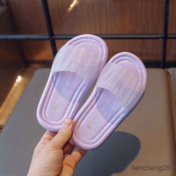 

slipper girls slippers 2023 summer new style fashion mesh sequin sandals one-shaped slippers children' soft sole beach shoes r230718, Black;grey