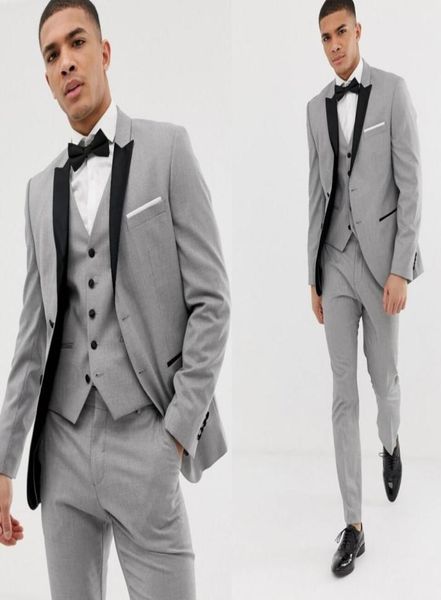 

3 piece grey mens suits black lapel custom made wedding suits for groom groomsmen prom casual suits jacketpantsvestbow tie8732177, Black;gray