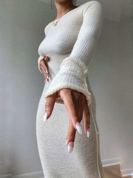 

urban dresses wjfzqm knitted bodycon dress fairy grunge casual fashion streetwear women autumn y2k solid o-neck long sleeve maxi dresses 230, White;black