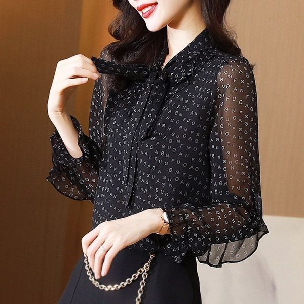

women's polos bow chiffon shirt springautumn loose long sleeve blouse bottoming 5xl 230717, White