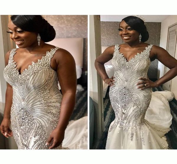 

luxurious 2019 mermaid crystals arabic plus size wedding dresses vneck beaded tulle bridal dresses charming wedding gowns3456589, White