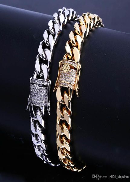 

78inch 10mm miami cuban link iced out gold silver bracelets hiphop bling chains jewelry mens bracelets jewelry2986581, Golden;silver