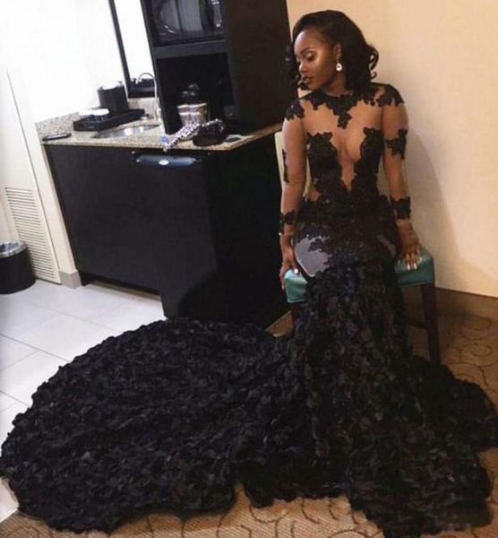 

2k17 black lace appliques prom dresses cascading ruffles sheer mermaid long sleeves illusion style sweep train evening gowns party7022148