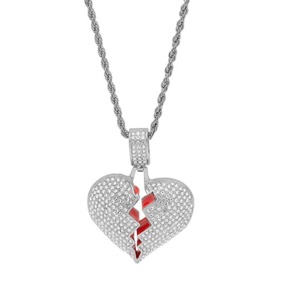 

hip hop broke heart iced out pendants necklaces charm for men women gold color crystal jewelry2401337, Silver